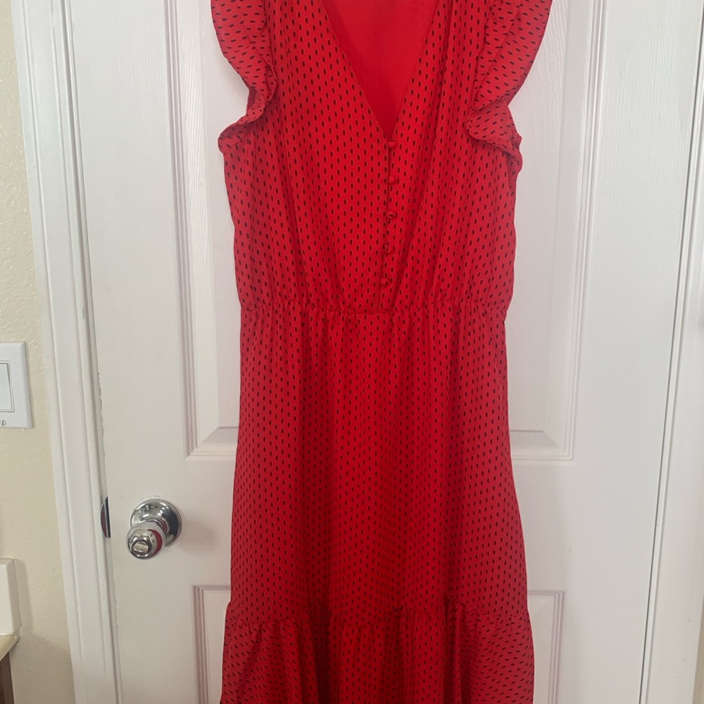 Banana Republic Factory Red and Black Dotted Midi Dress